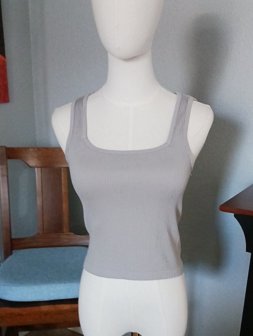 Pink Rose Squared Neck Ribbed Tank Top - Cloud Gray